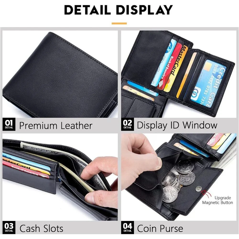 Men's Leather Wallet with Coin Pocket Flip Up ID Window RFID